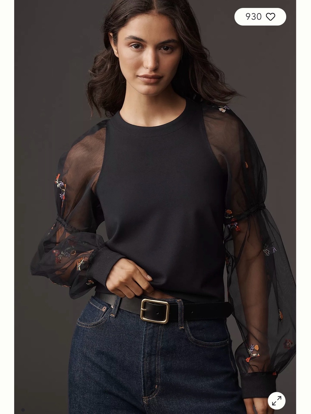 Anthropologie Maeve Black Embroidered Sheer Sleeve Sweatshirt Size M